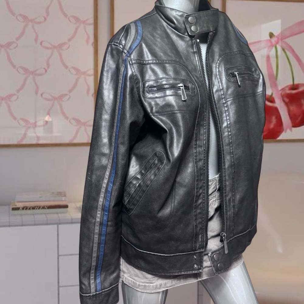 Vintage Y2K Faux-Leather Black W/ Blue Stripe Jacket